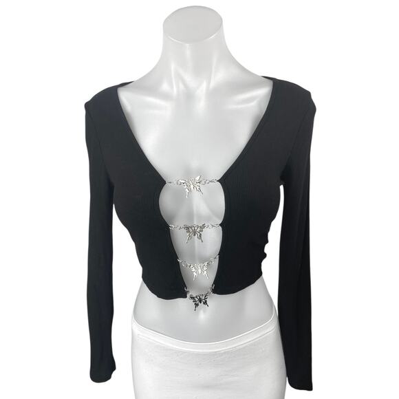 Shein Women's Black Butterfly Chain Front Rib Knit Cutout Long Sleeve Crop Top 2 - Picture 1 of 5